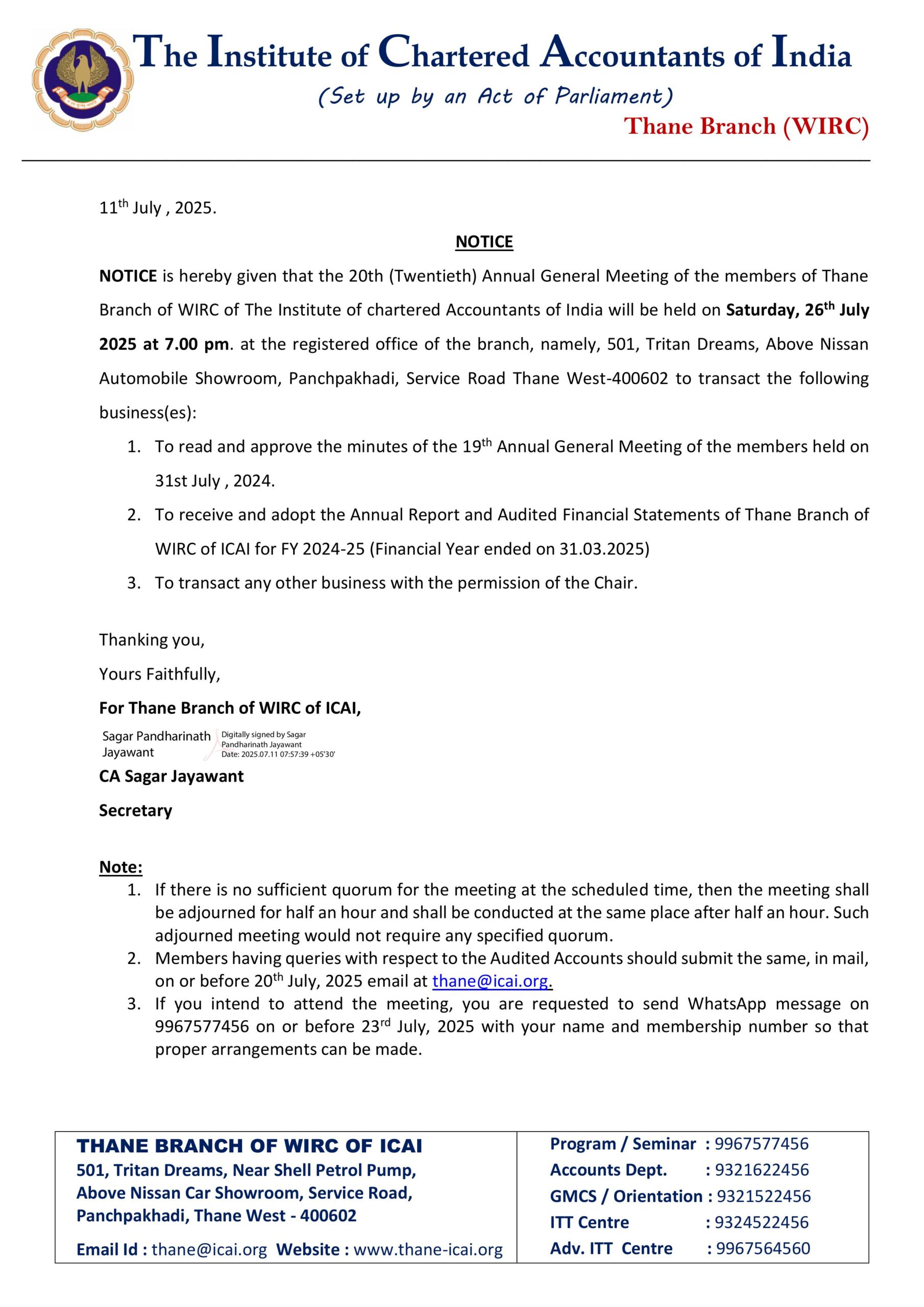 Thane Branch AGM Notice for 26-07-25 Meeting